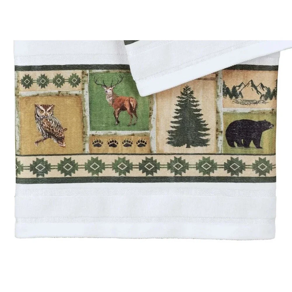 Northwoods Patchwork Aztec Border Towel Set 3-pc Animals Trees Bath Gift NEW